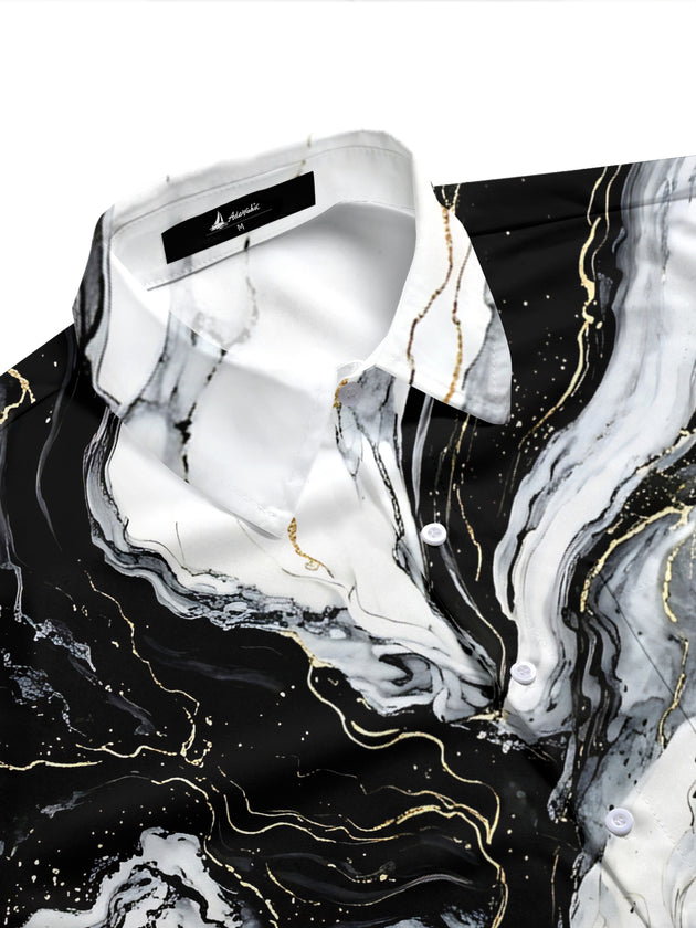 Adaychic Men's Printed Marble Effect Print Gold Veins Print Short Sleeve Shirt with Chest Pocket