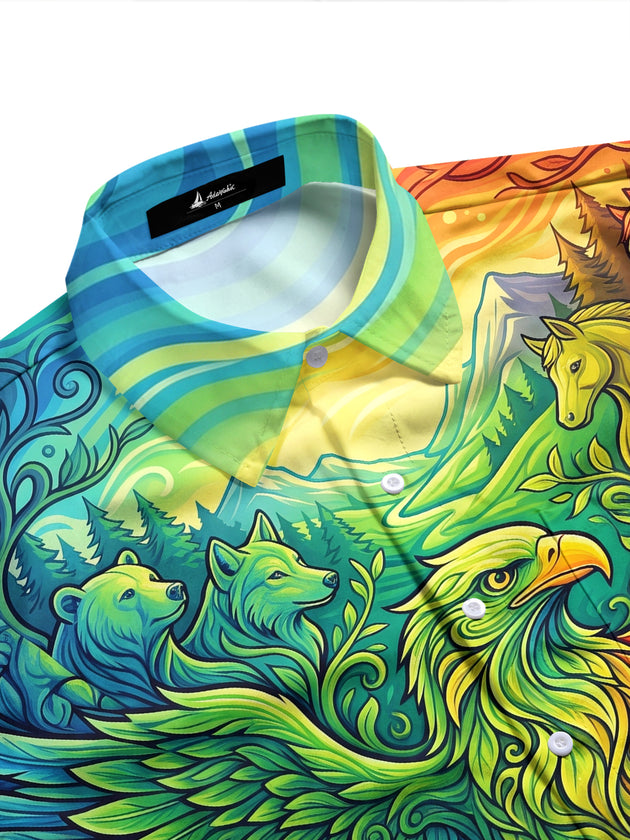 Adaychic Men's Spirit Eagle And Forest Animals Print Long Sleeve Shirt with Chest Pocket