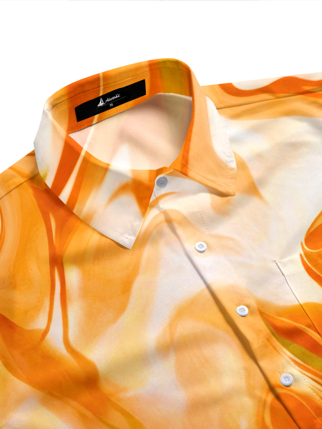 Adaychic Men's Printed Orange Fluid Marble Print Short Sleeve Shirt with Chest Pocket
