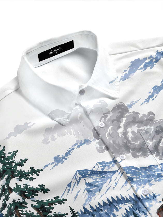 Adaychic Men's Short Sleeve Shirt - Vintage Steam Train In Snowy Mountain Landscape Print with Chest Pocket