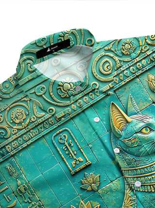 Adaychic Men's Vintage Style Egyptian Cat Relief Print Short Sleeve Shirt with Chest Pocket