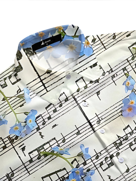 Adaychic Men's Hawaiian Musical Notes Sheet Music Print Short Sleeve Shirt with Chest Pocket