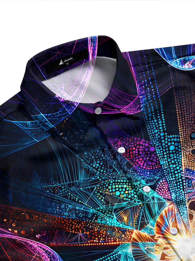 Adaychic Neon Glow Fractal Art Men's Pocket Long Sleeve Shirts