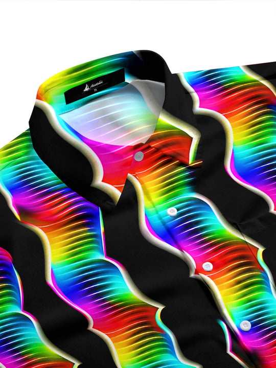 Adaychic Men's Retro Rainbow Wavy Lines Print Short Sleeve Shirt with Chest Pocket