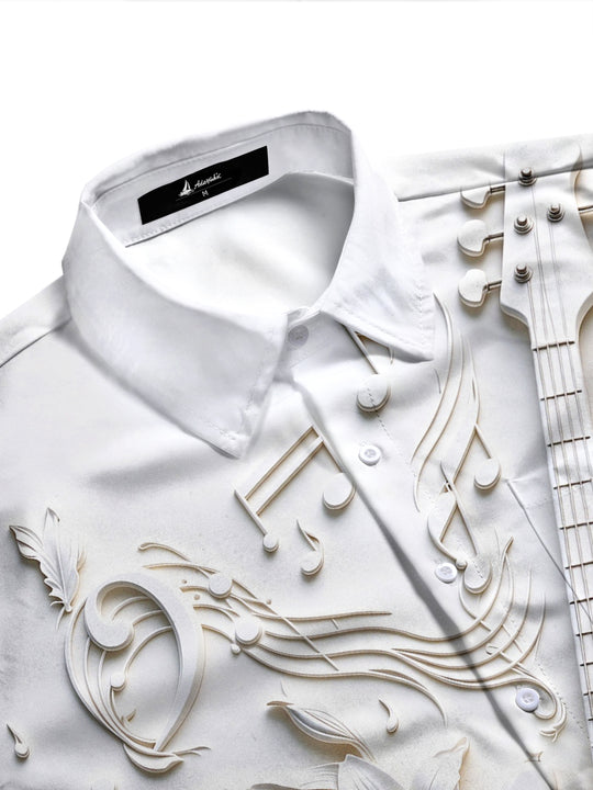 Adaychic Men's Long Sleeve Shirt - 3D Relief Bass Guitar And Floral Patterns Print with Chest Pocket