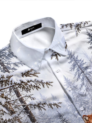Adaychic Men's Printed Wolf In Snowy Forest Print Long Sleeve Shirt with Chest Pocket