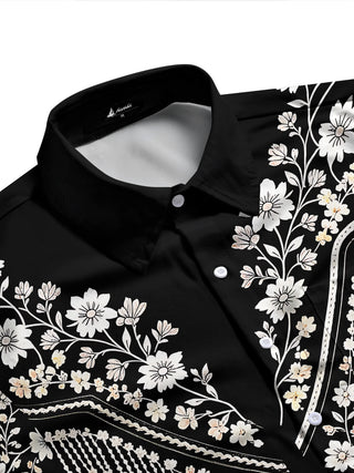 Adaychic Men's Floral Western Floral Embroidery Print Long Sleeve Shirt with Chest Pocket