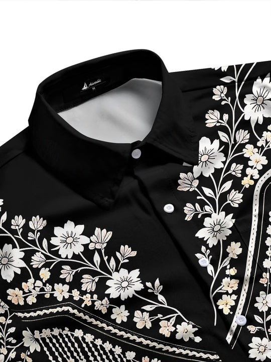 Adaychic Men's Floral Western Floral Embroidery Print Long Sleeve Shirt with Chest Pocket