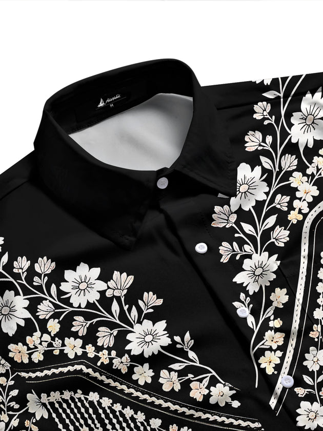 Adaychic Men's Floral Western Floral Embroidery Print Long Sleeve Shirt with Chest Pocket