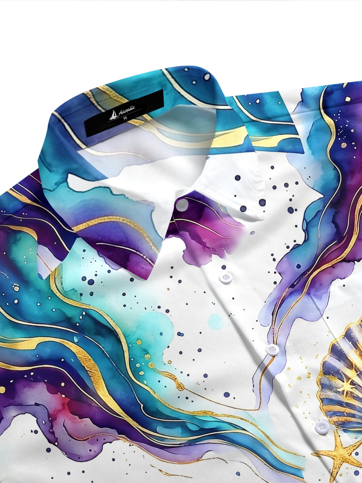 Adaychic Men's Hawaiian Watercolor Ocean Waves Print Short Sleeve Shirt with Chest Pocket