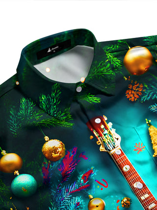 Adaychic Men's Printed Christmas Guitar Print Long Sleeve Shirt with Chest Pocket