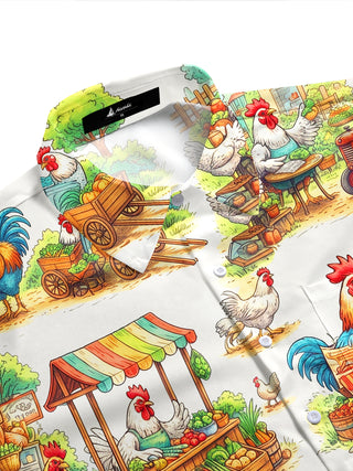 Adaychic Men's Hawaiian Rooster Farm Market Scenes Print Short Sleeve Shirt with Chest Pocket