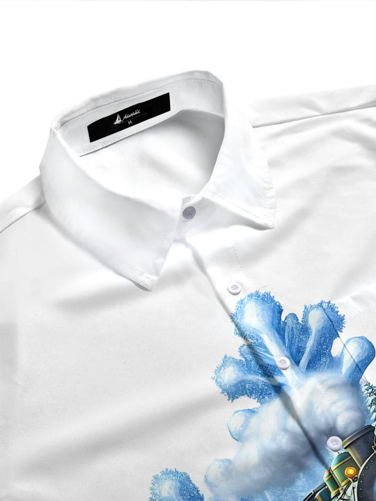 Adaychic Men's Graphic Snowflake Print Vintage Train Print Short Sleeve Shirt with Chest Pocket