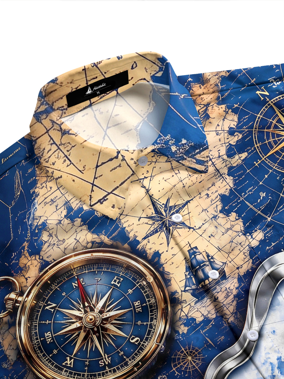 Adaychic Men's Vintage Nautical Map And Compass Print Long Sleeve Shirt with Chest Pocket