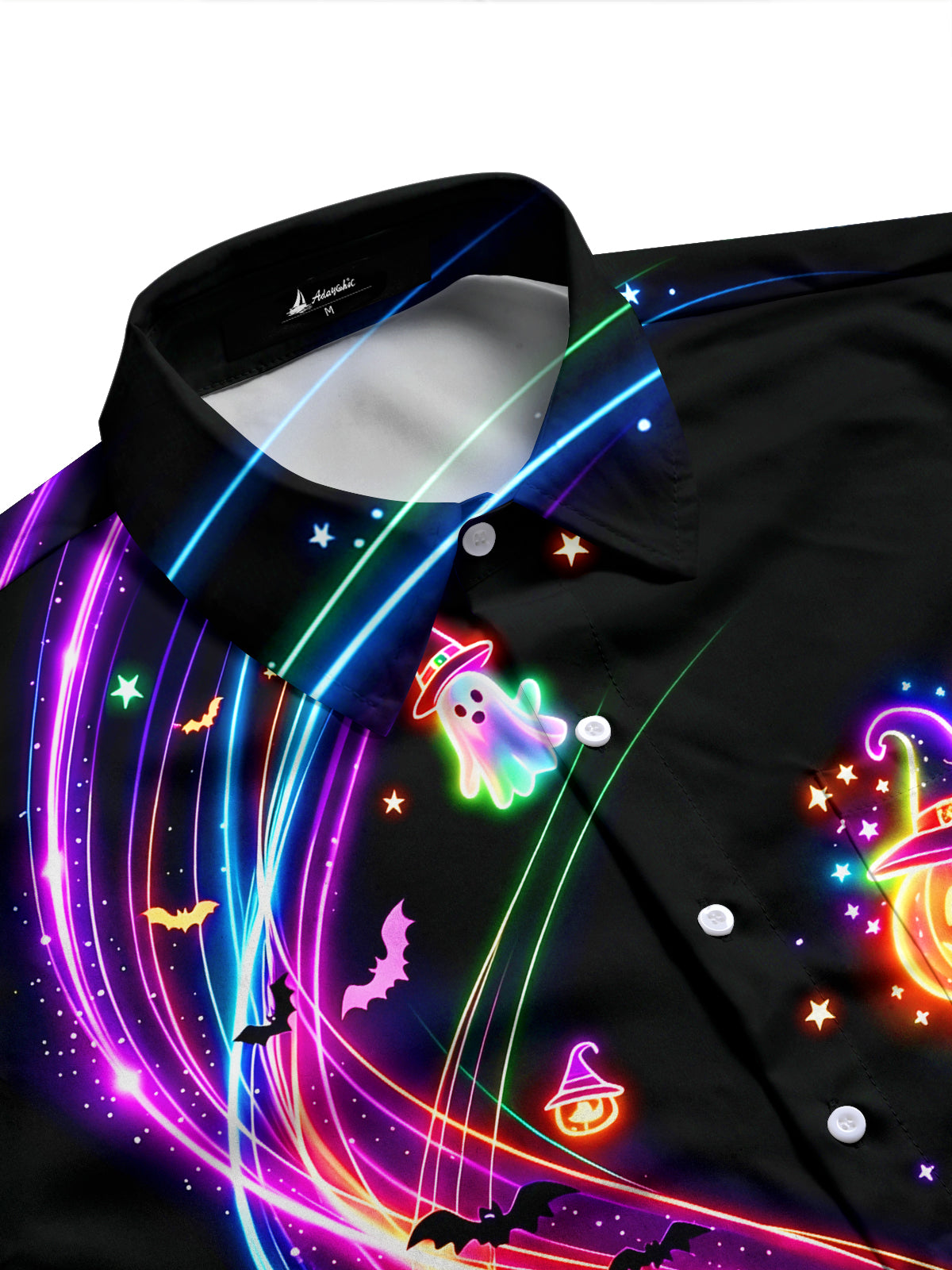 Adaychic Men's Neon Halloween Pumpkins Ghosts And Bats Print Long Sleeve Shirt with Chest Pocket