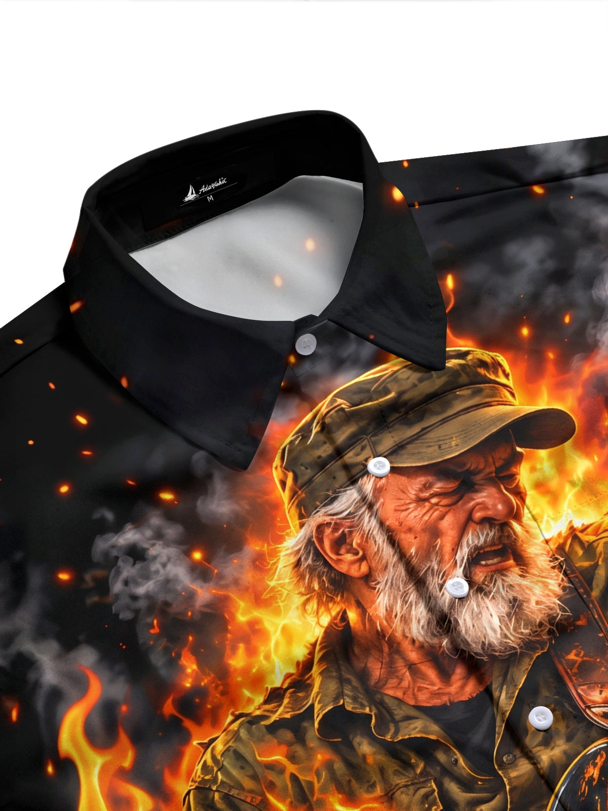 Adaychic Men's Long Sleeve Shirt - Veterans Day Old Man Playing Bass Guitar In Flames Print with Chest Pocket