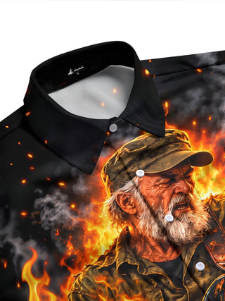 Adaychic Men's Long Sleeve Shirt - Veterans Day Old Man Playing Bass Guitar In Flames Print with Chest Pocket