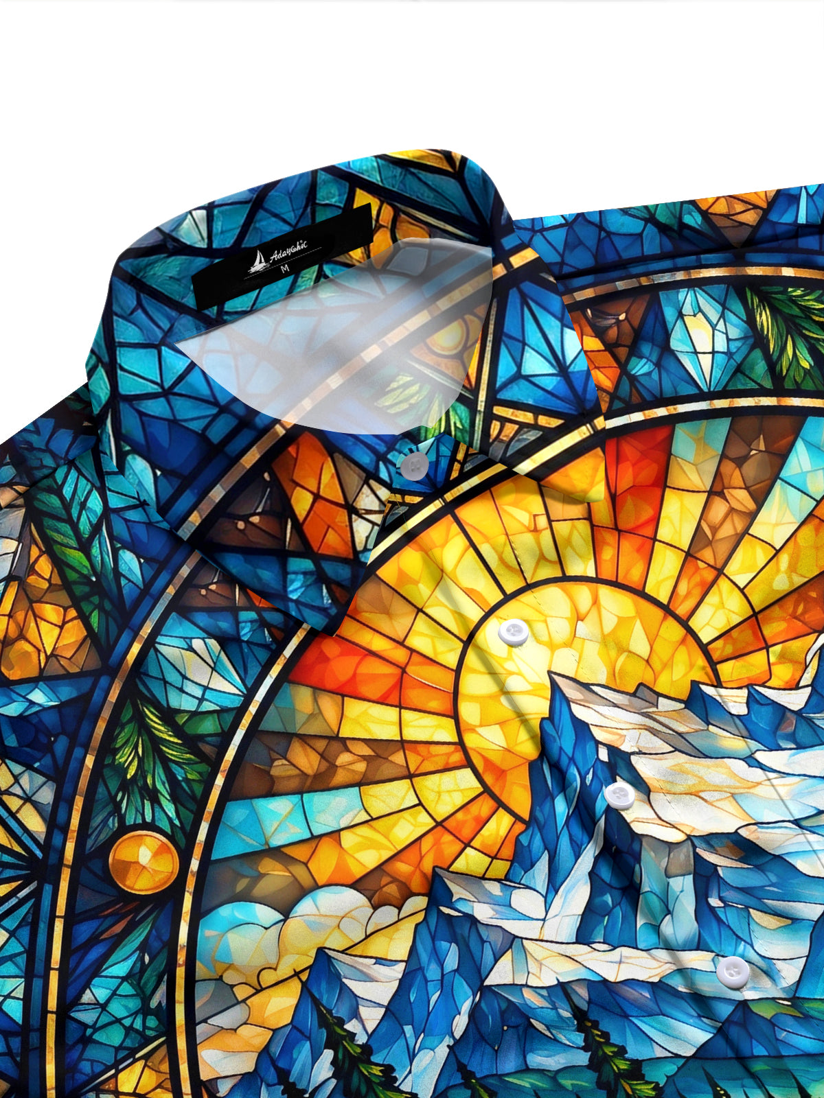 Adaychic Men's Long Sleeve Stand Collar Shirt - Stained Glass Mountain River Landscape Print