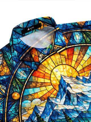 Adaychic Men's Long Sleeve Stand Collar Shirt - Stained Glass Mountain River Landscape Print