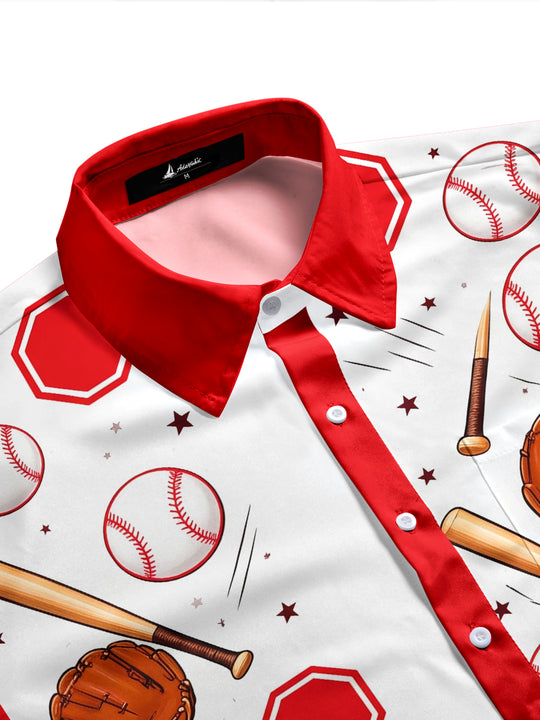 Adaychic Men's Baseball Equipment And Home Plate Print Short Sleeve Shirt with Chest Pocket