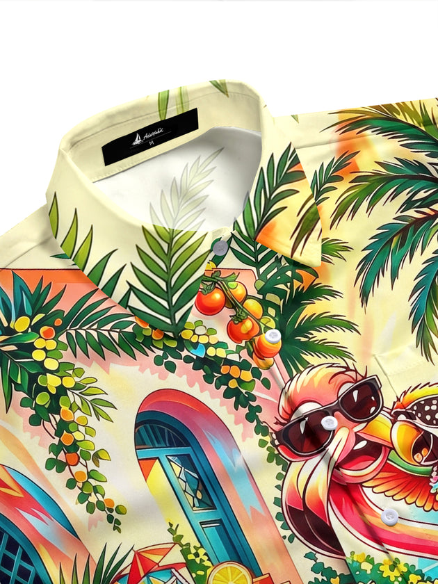Adaychic Men's Short Sleeve Shirt - Flamingo And Parrot With Tropical Plants Print with Chest Pocket