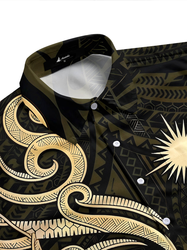 Adaychic Men's Hawaiian Tribal Turtle Print Sunburst Print Short Sleeve Shirt with Chest Pocket