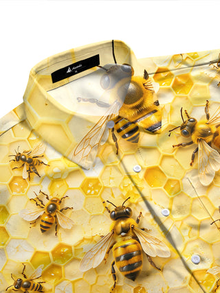 Adaychic Men's Hawaiian Bee And Honeycomb Pattern Long Sleeve Shirt with Chest Pocket