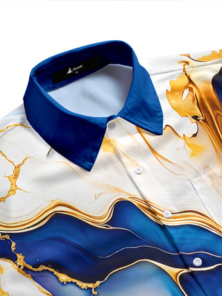 Adaychic Men's Printed Blue Gold Fluid Marble Print Short Sleeve Shirt with Chest Pocket