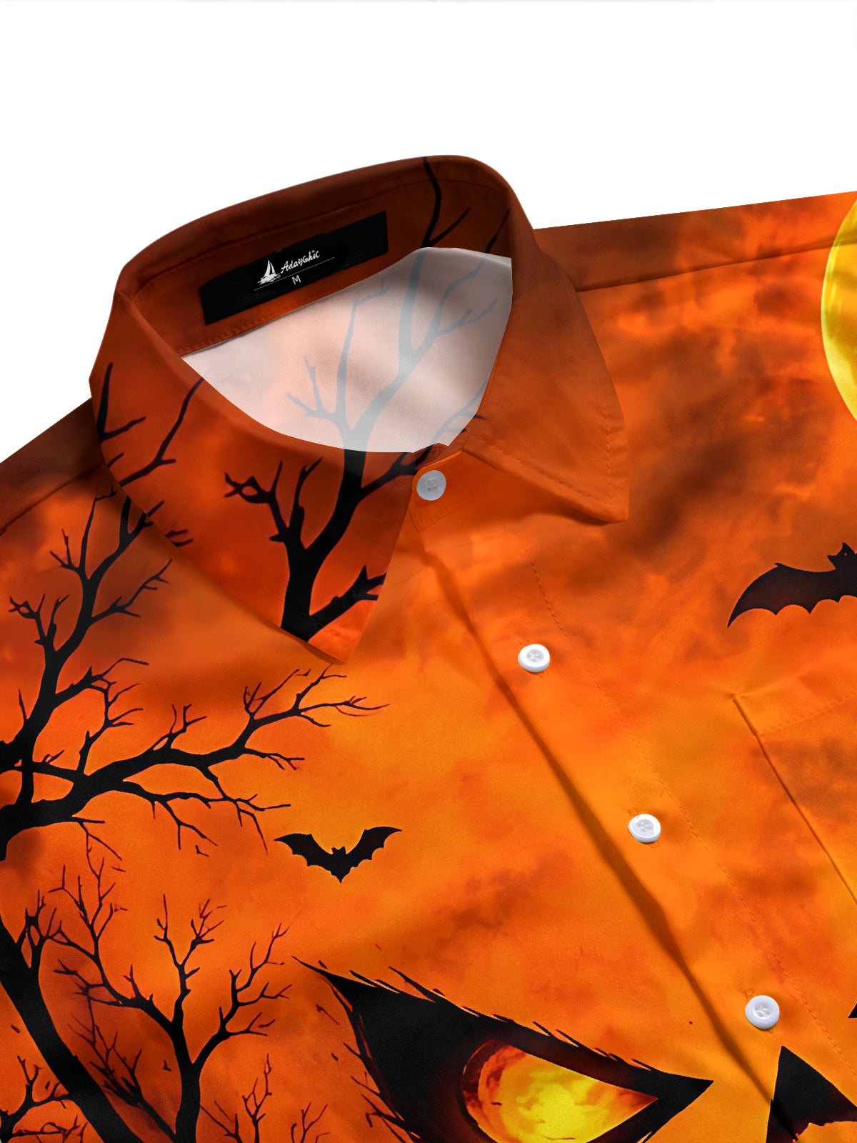 Adaychic Men's Short Sleeve Shirt - Halloween Scary Pumpkin Face With Bats And Full Moon Print with Chest Pocket