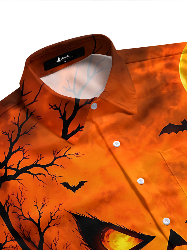 Adaychic Men's Short Sleeve Shirt - Halloween Scary Pumpkin Face With Bats And Full Moon Print with Chest Pocket