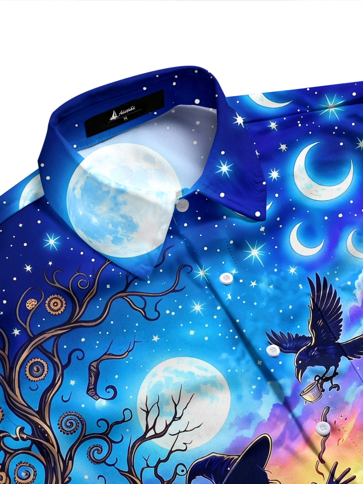 Adaychic Men's Halloween Witch And Raven Tea Party Print Long Sleeve Shirt with Chest Pocket