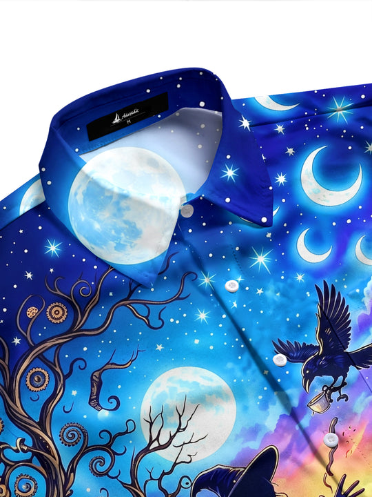 Adaychic Men's Halloween Witch And Raven Tea Party Print Long Sleeve Shirt with Chest Pocket