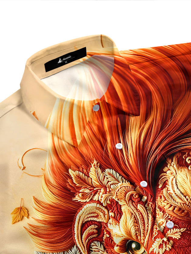 Adaychic Men's Vintage Style Lion Head Portrait Print Short Sleeve Shirt with Chest Pocket