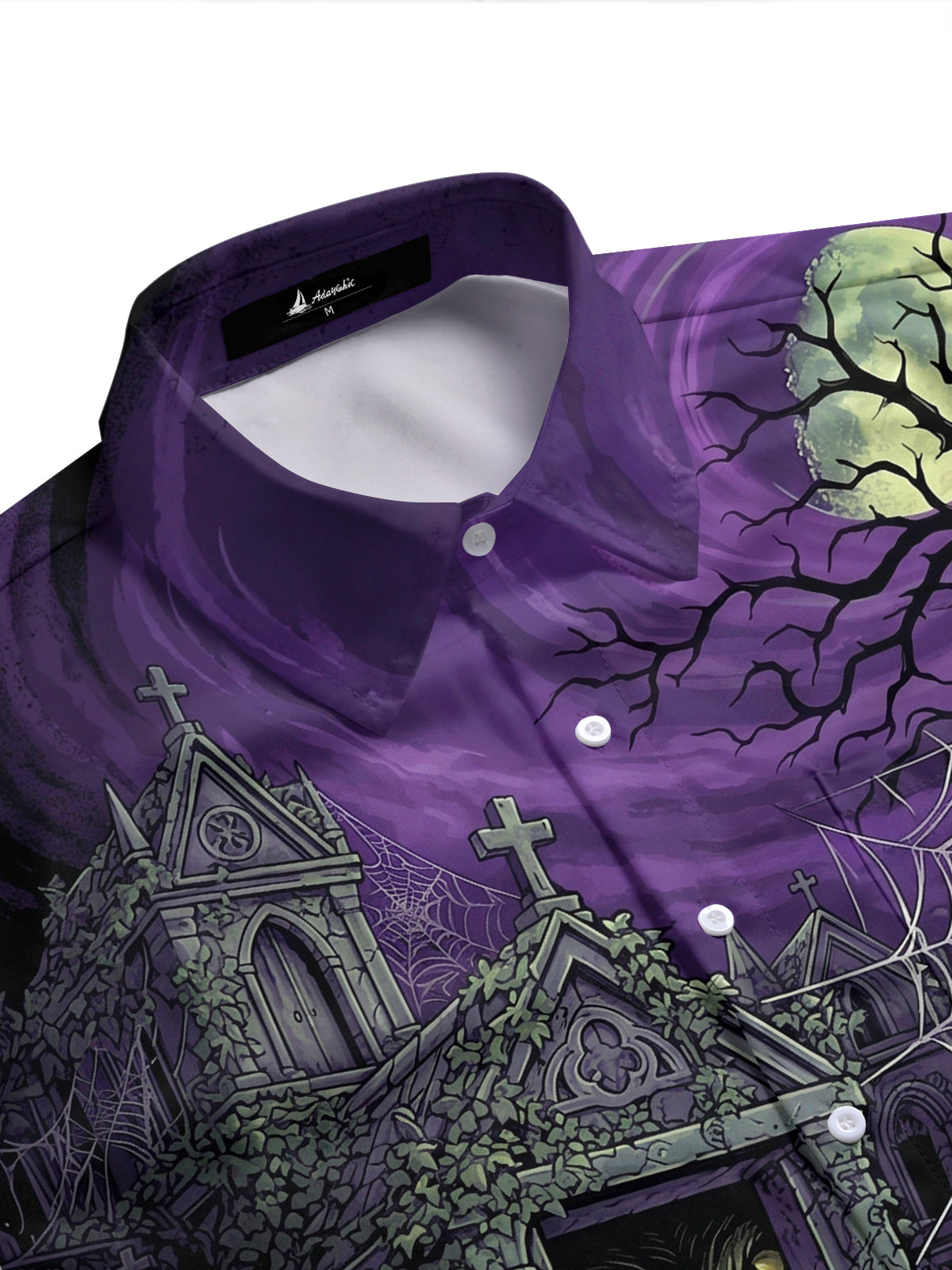Adaychic Men's Short Sleeve Shirt - Halloween Gothic Graveyard With Ghost Claw And Spider Print with Chest Pocket