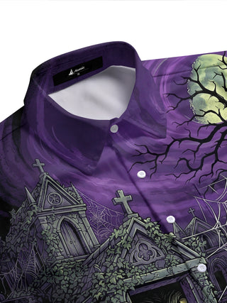 Adaychic Men's Short Sleeve Shirt - Halloween Gothic Graveyard With Ghost Claw And Spider Print with Chest Pocket