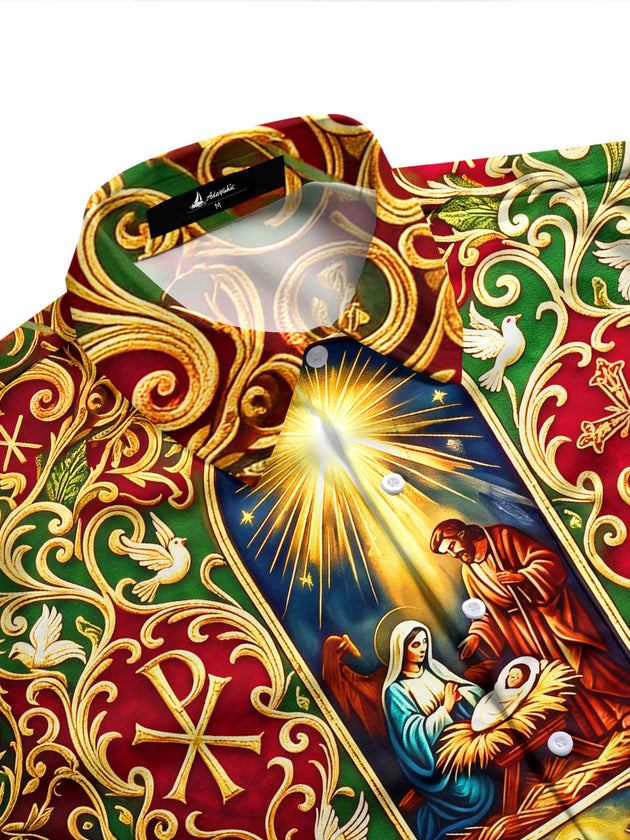 Adaychic Men's Long Sleeve Shirt - Nativity Scene With Mary Joseph Baby Jesus And Three Wise Men Print with Chest Pocket