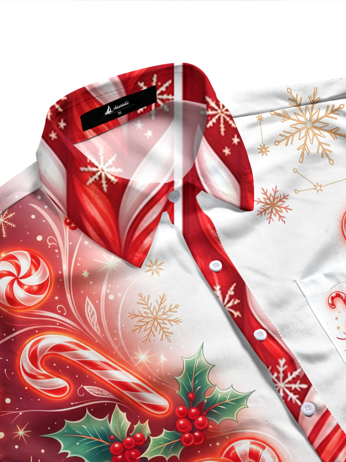 Adaychic Men's Christmas Candy Canes And Holly Berries Print Long Sleeve Shirt with Chest Pocket