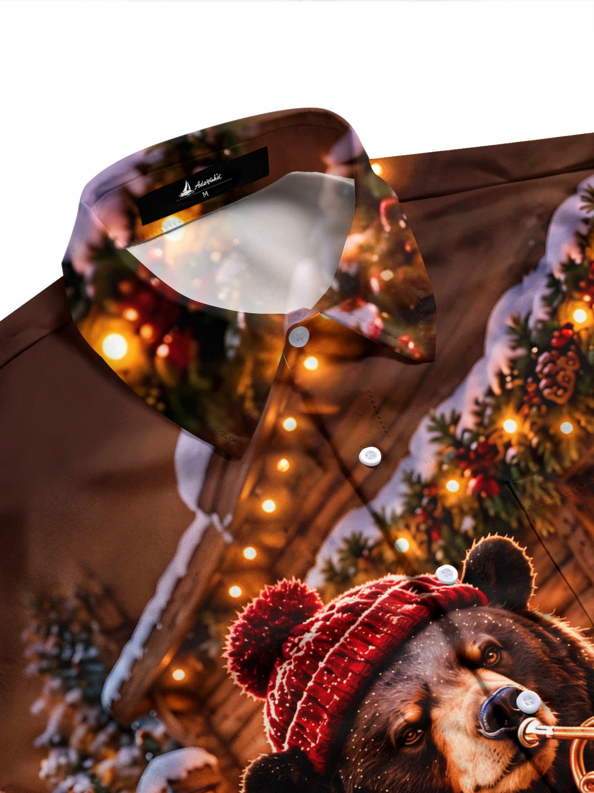 Adaychic Men's Long Sleeve Shirt - Christmas Brown Bear Playing Trumpet In Winter Scene Print with Chest Pocket
