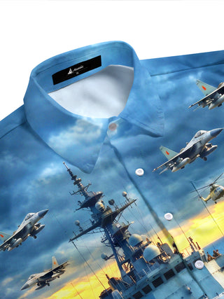Adaychic Men's Navy Warship And Fighter Jets Print Short Sleeve Shirt with Chest Pocket