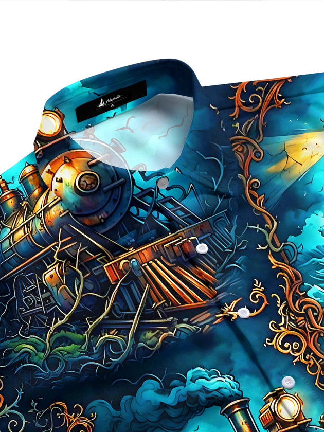 Adaychic Men's Steampunk Train And Coastal Lighthouse Print Short Sleeve Shirt with Chest Pocket