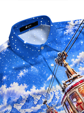Adaychic Men's Long Sleeve Shirt - Mountain Cable Car With Christmas Gifts And Wreath Print with Chest Pocket