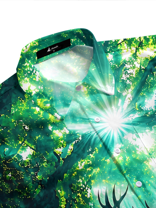 Adaychic Men's Hawaiian Deer In Forest With Sunbeams Print Short Sleeve Shirt with Chest Pocket