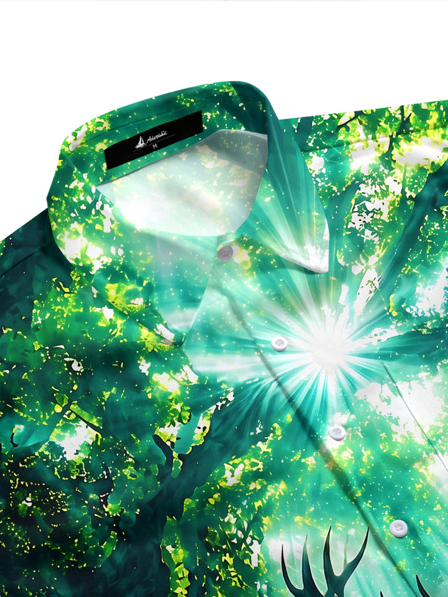 Adaychic Men's Hawaiian Deer In Forest With Sunbeams Print Short Sleeve Shirt with Chest Pocket