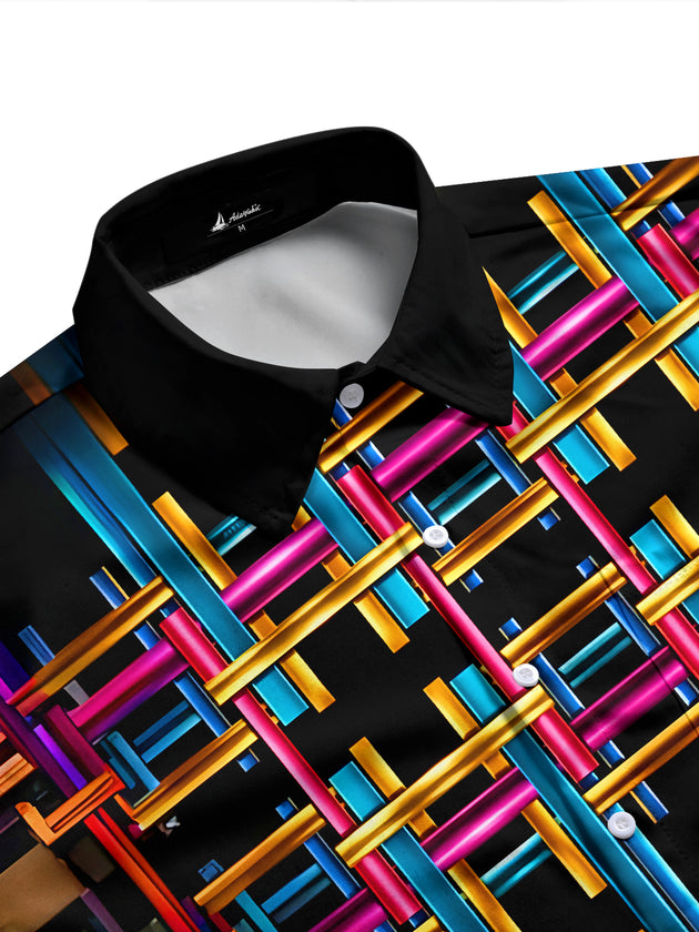 Adaychic Men's Patterned Colorful Metal Weave Plaid Print Long Sleeve Shirt with Chest Pocket