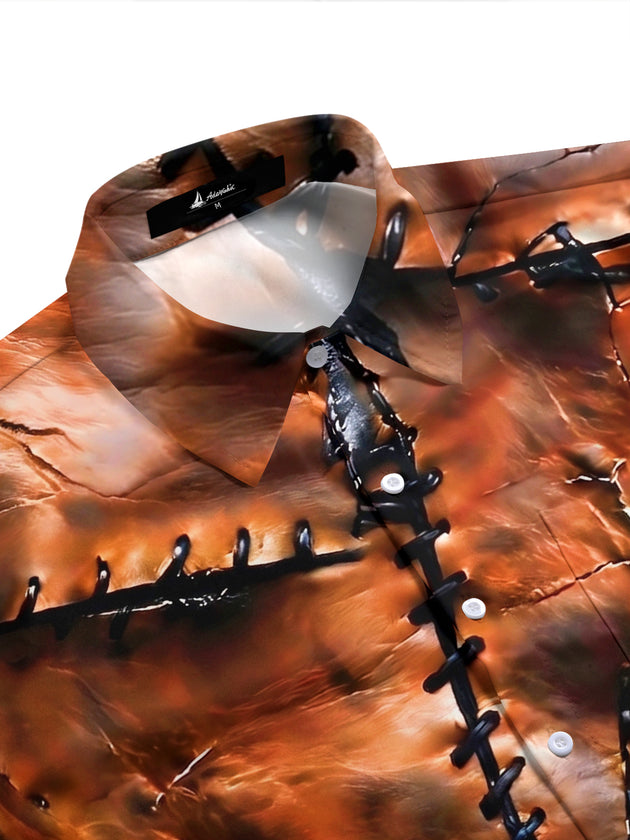 Adaychic Men's Vintage Style Leather Patchwork Print Short Sleeve Shirt with Chest Pocket
