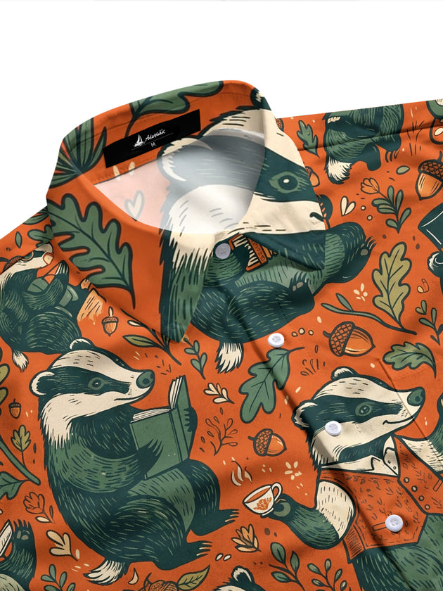 Adaychic Men's Long Sleeve Shirt - Vintage Gentleman Badgers With Forest Elements Print with Chest Pocket