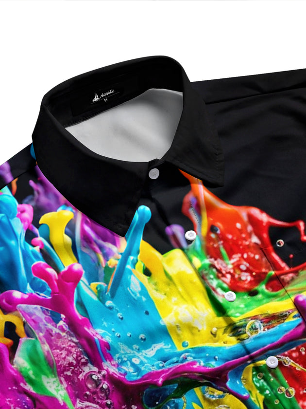 Adaychic Men's Colorful Paint Splashes And Drips Print Long Sleeve Shirt with Chest Pocket