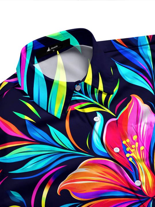 Adaychic Men's Neon Hibiscus Flower And Tropical Leaves Print Long Sleeve Shirt with Chest Pocket