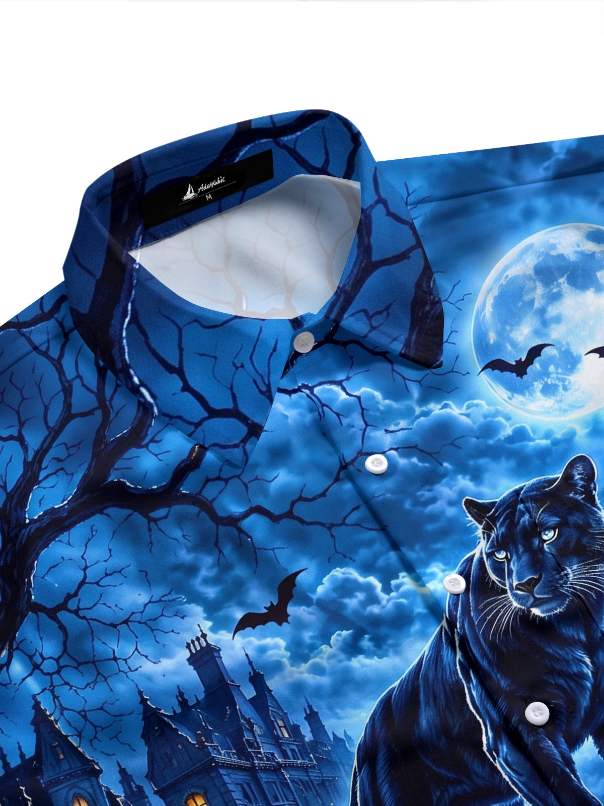 Adaychic Men's Short Sleeve Shirt - Halloween Black Panther On Bridge With Moon And Bats Print with Chest Pocket