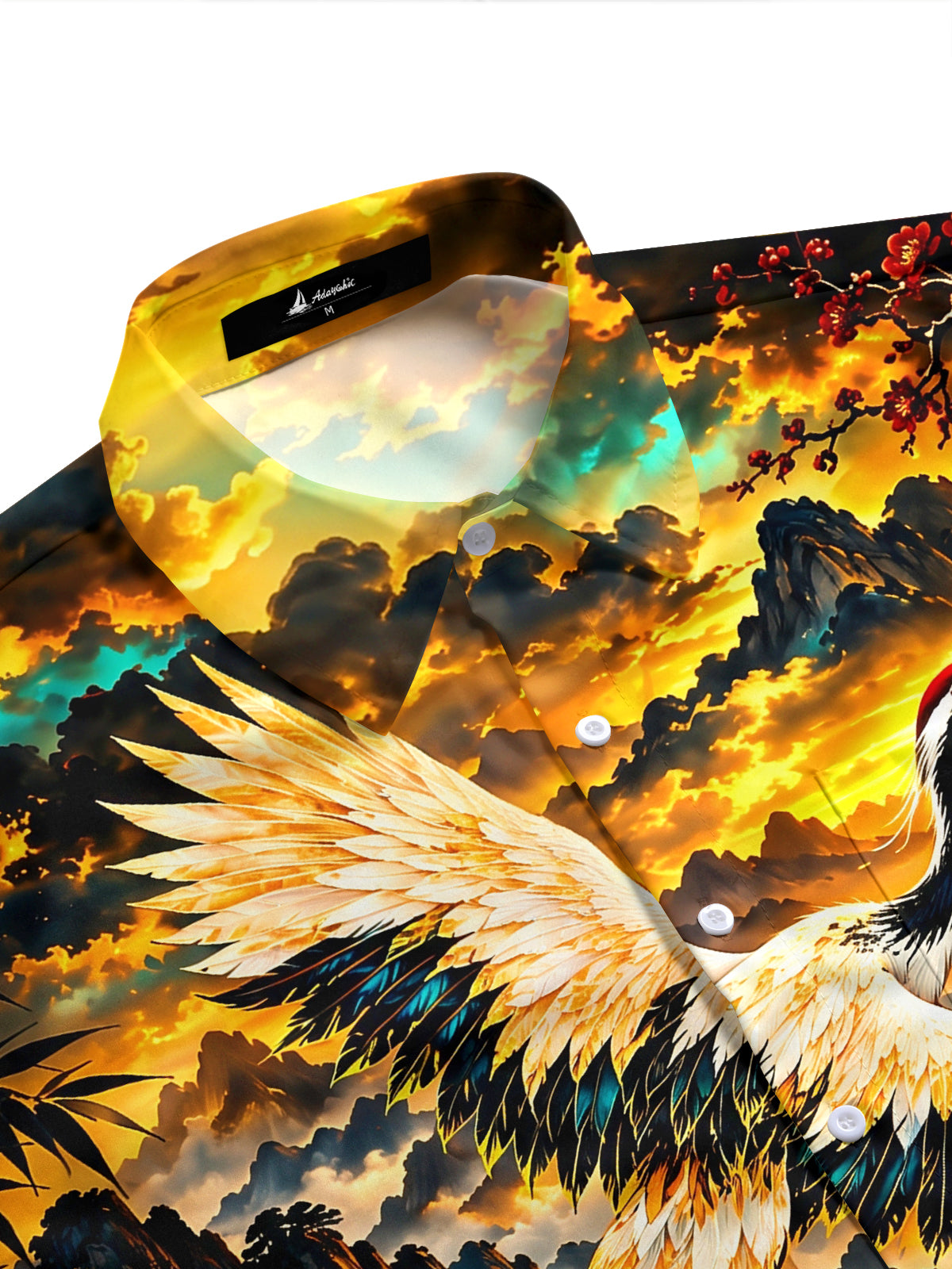 Adaychic Men's Red-crowned Crane And Landscape Print Short Sleeve Shirt with Chest Pocket